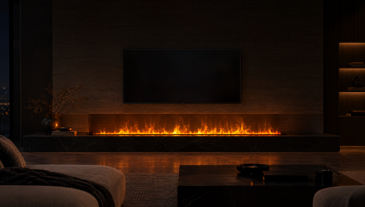Low and long, under the TV.