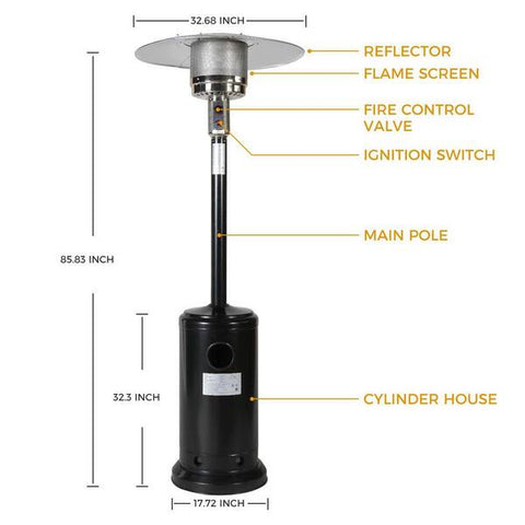 Patio heater with labeled parts and dimensions on a white background